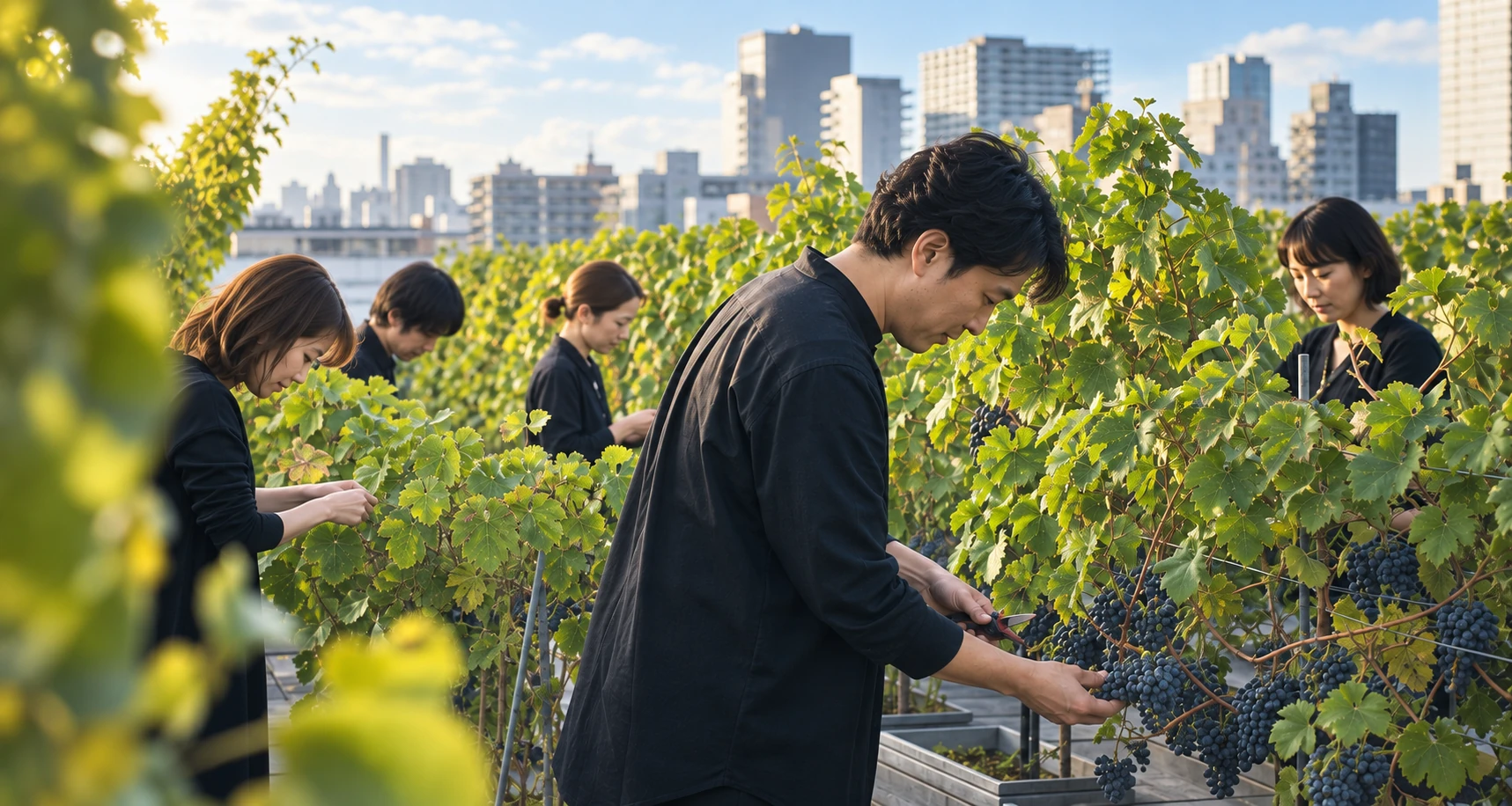 都市の屋上ぶどう畑で作業するオーナー